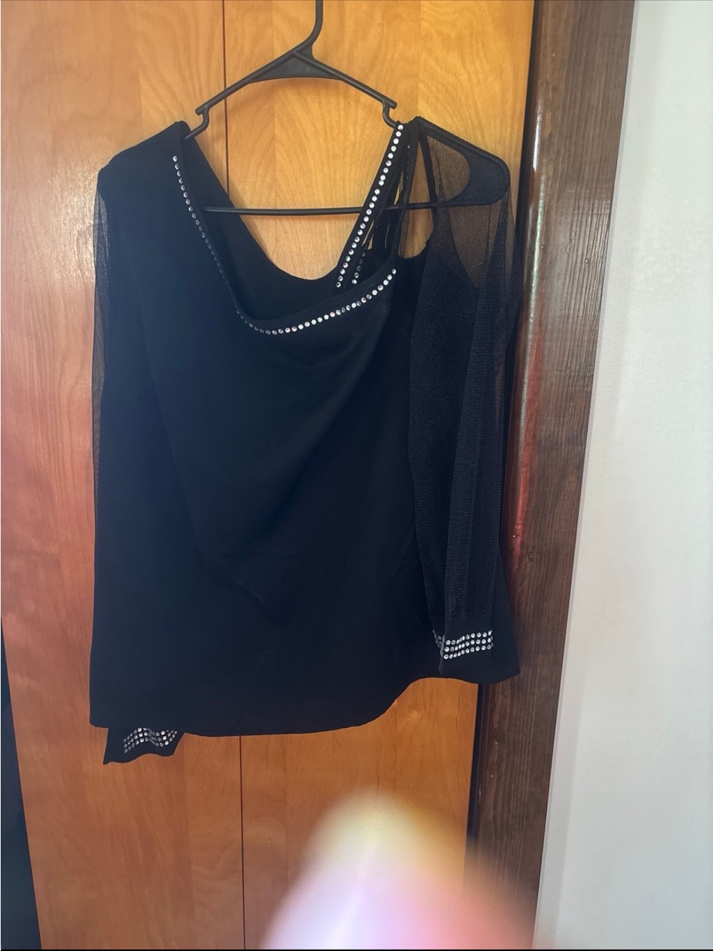 Shein Black One-Shoulder Mesh Sleeve Blouse With Rhinestone Trim